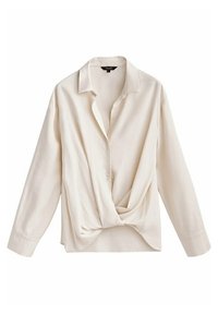 Crème-kleurige blouse met lange mouwen en een kraag met knopen, voorzien van een geknoopte voorkant en zachte, gestructureerde stof.