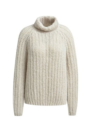 Light beige knitted sweater with a high, rolled neckline. Features a ribbed texture and slightly oversized fit. Long sleeves.