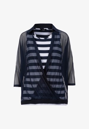 Navy blue sheer cardigan over a navy and white horizontal striped shirt with three-quarter sleeves and a round neckline.