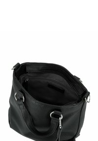 Sac à main en cuir noir avec une finition texturée, forme arrondie, ouverture en haut et accents en métal argenté. L'intérieur comprend une poche zippée.