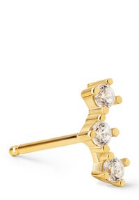 Pendiente de oro con tres piedras preciosas transparentes dispuestas en un diseño en niveles, con un acabado liso y pulido y acentos redondeados.