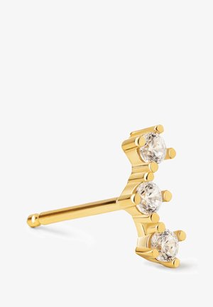 Gyldent ørering med tre klare ædelstene arrangeret i et lagdelt design, med en glat, poleret overflade og afrundede detaljer.