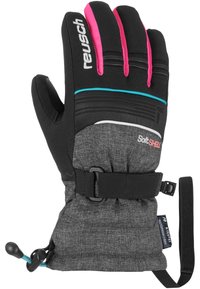 Schwarze und graue Winterhandschuhe mit pinken und türkisfarbenen Akzenten, SoftShell-Material, verstellbarem Handgelenkband, elastischem Bündchen und strukturiertem Handflächenbereich.
