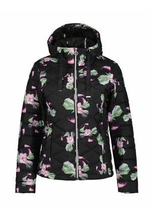 Veste noire matelassée avec capuche, fermeture éclair devant, et motif floral rose et vert sur les manches et le corps.