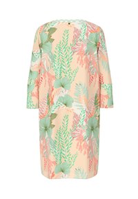 Blumenkleid mit pfirsichfarbenem Hintergrund und grünen sowie korallenfarbenen botanischen Mustern, Dreiviertelärmel und einer lockeren Passform.