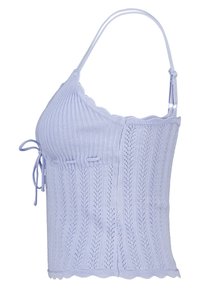 Light purple knitted top with ribbed texture, adjustable straps, and drawstring details. Scalloped hem and open-lattice design.
