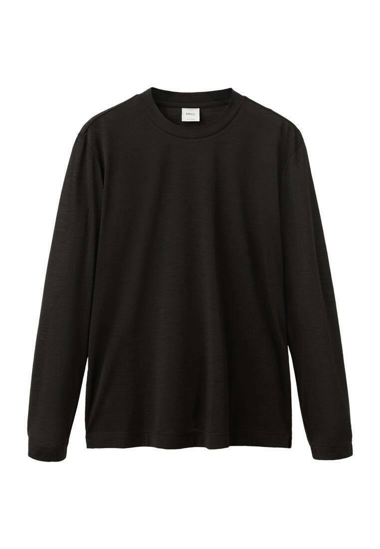 Black long-sleeve t-shirt made of soft fabric with a round neckline and straight fit. Features stitched hems and no visible logos or patterns.