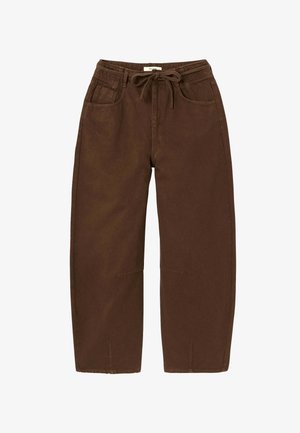 Pantalon décontracté marron avec taille élastique et cordon de serrage, poches avant, et jambes droites, présenté à plat sur un fond blanc.