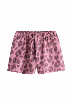 Pinke Shorts mit dunkelviolettem Leopardenmuster und elastischem Bund mit vorderer Bindung.