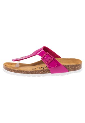 Pink patent leather thong sandal with a cork footbed, adjustable buckle strap, and textured outsole. Features a smooth upper and lightweight design.