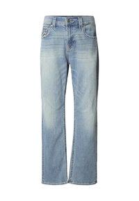 Vaqueros de mezclilla azul claro con diseño de pierna recta, con bolsillos delanteros y detalles descoloridos. Estilo clásico con cierre de botón y cremallera.