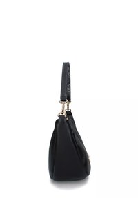 Borsa a mano in pelle nera con una texture liscia, un manico superiore singolo e dettagli in metallo dorato. Presenta un profilo triangolare e una chiusura con zip.