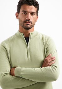 Lichtgroene pullover trui met een ritssluiting bij de hals, lange mouwen, gebreide accenten en geribde manchetten. Gladde textuur, casual ontwerp, getailleerde pasvorm.