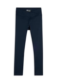 Mallas azul marino hechas de tela elástica, con una cinturilla ancha y textura suave, diseñadas para brindar comodidad y flexibilidad.