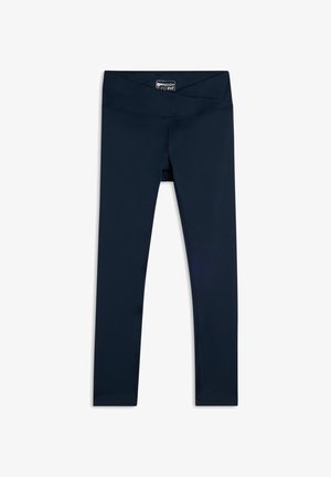 Leggings blu navy in tessuto elasticizzato, con vita alta e texture liscia, progettati per comfort e flessibilità.