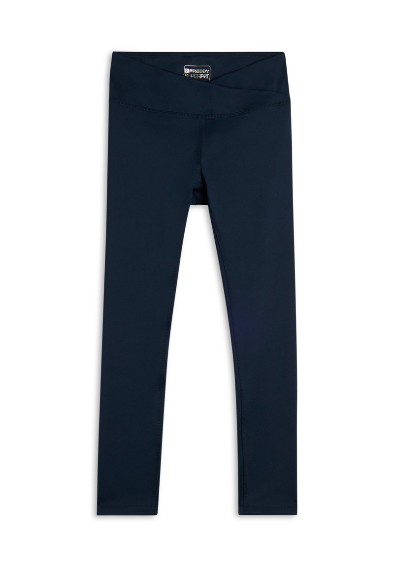 Mallas azul marino hechas de tela elástica, con una cinturilla ancha y textura suave, diseñadas para brindar comodidad y flexibilidad.