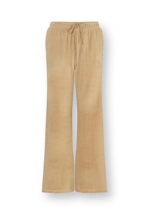 Beige wijde broek met elastische tailleband en aantrekkoord, gemaakt van zachte, fluweelachtige stof.