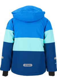 Blaue und türkisfarbene farblich abgesetzte Jacke mit Kapuze. Verfügt über lange Ärmel, reflektierende Akzente und ein Logo am Saum. Glatte Stoffoberfläche.