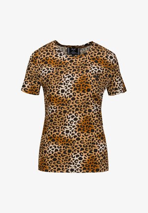 Kurzärmliges Damen-T-Shirt mit braunem und schwarzem Leopardenmuster und kleinem Logo auf der oberen Brust, Größe S.