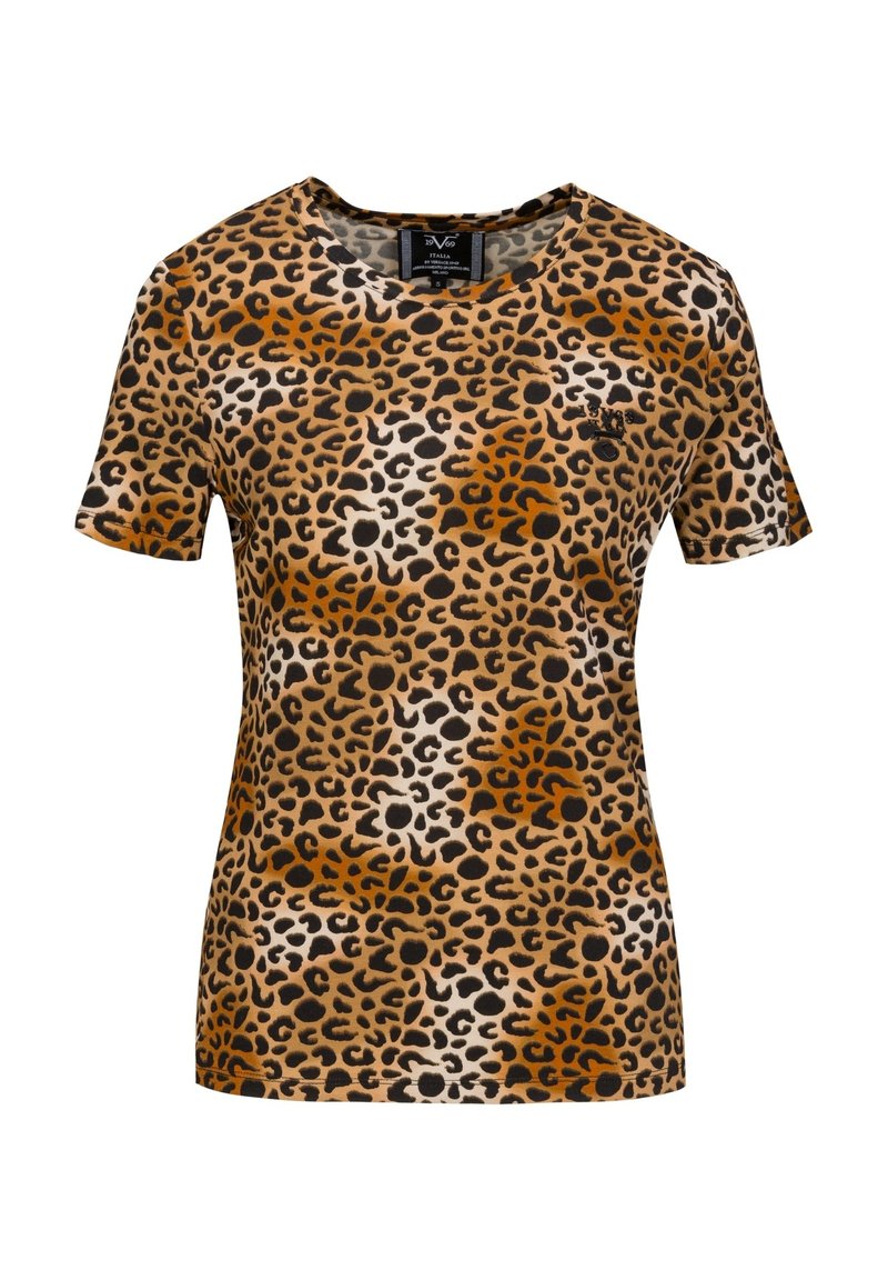 Kurzärmliges Damen-T-Shirt mit braunem und schwarzem Leopardenmuster und kleinem Logo auf der oberen Brust, Größe S.