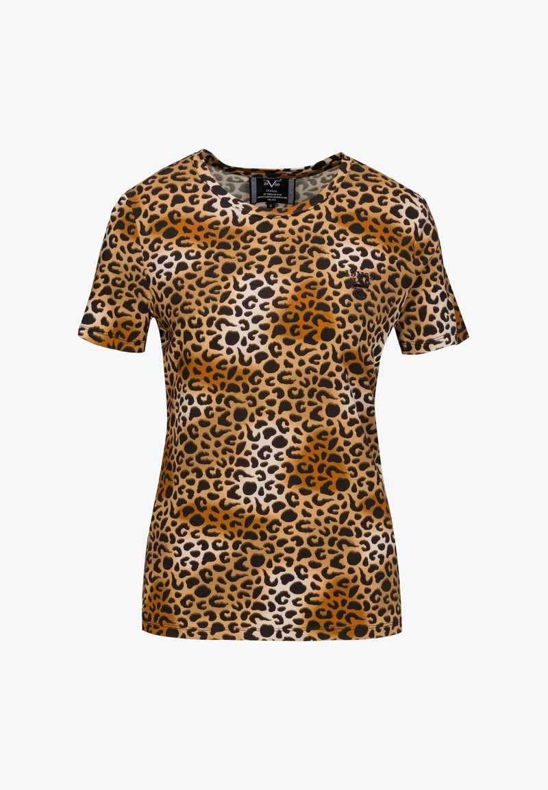 Kurzärmliges Damen-T-Shirt mit braunem und schwarzem Leopardenmuster und kleinem Logo auf der oberen Brust, Größe S.