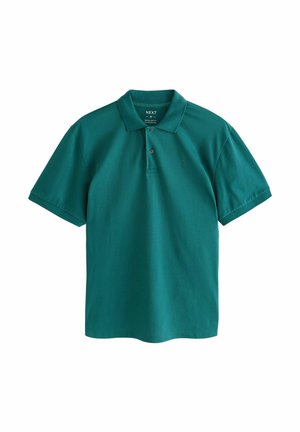 Teal polo shirt made of cotton, featuring a three-button placket and short sleeves. Embroidered logo in a matching shade on the chest.