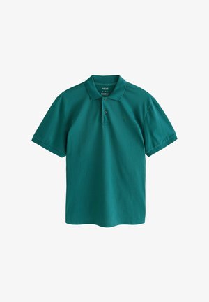 Polo shirt teal in cotone, con colletto a tre bottoni e maniche corte. Logo ricamato in tono abbinato sul petto.