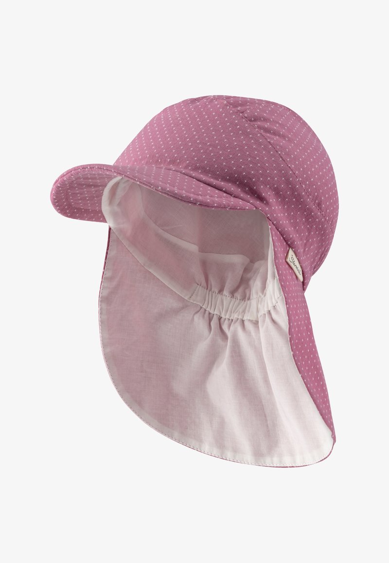 Cappello da sole in cotone rosa con motivo a pois, con una larga visiera e una protezione per il collo. Presenta un nastro elastico per una vestibilità ottimale.
