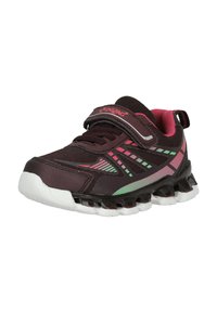 Schwarzer Athletikschuh mit rosa und grünen Akzenten, Obermaterial aus Mesh, Klettverschluss und einer weißen Gummisohle mit stoßdämpfenden Designelementen.