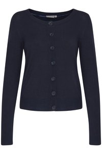 Cardigan bleu marine en tissu doux, avec un col rond, des manches longues et une fermeture à boutons sur le devant.
