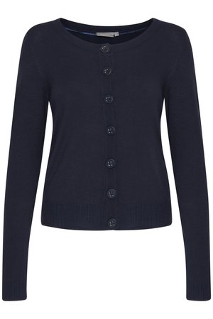 Cardigan bleu marine en tissu doux, avec un col rond, des manches longues et une fermeture à boutons sur le devant.