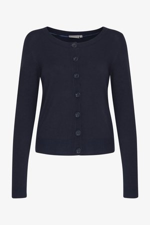 Cardigan blu navy realizzato in un materiale morbido, con scollo rotondo, maniche lunghe e chiusura a bottoni sulla parte anteriore.