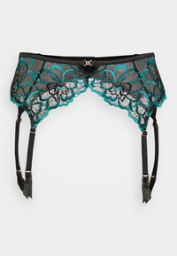 Črni pas za nogavice iz čipke z turkiznim cvetličnim vzorcem. Pona�ša se z nastavljivimi črnimi trakovi in zlatimi kovinskimi podrobnostmi.