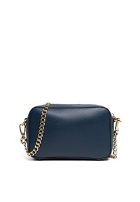 Ciemnoniebieska prostokątna torebka z teksturowanej skóry z złotym łańcuszkiem i zapięciem. Charakteryzuje się gładkim wykończeniem i zaokrąglonymi krawędziami.