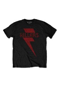 Black cotton t-shirt featuring a bold red lightning bolt design and the word "KILLERS" in a pixelated font, creating a striking contrast.