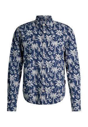 Camicia blu navy a maniche lunghe con bottoni, decorata con motivo di palme tropicali e fiori bianchi.