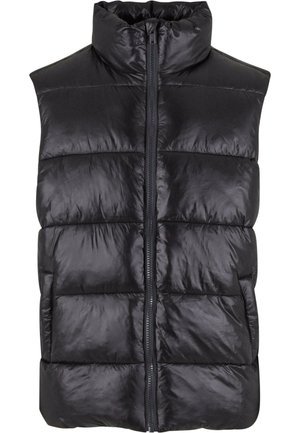 Black puffer vest with high collar, quilted texture, front zipper, and sleeveless design. Smooth, lightweight material with a shiny finish.