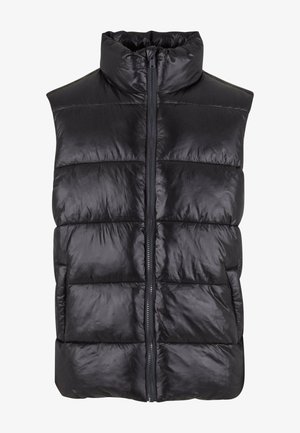 Schwarze Steppweste mit hohem Kragen, gestepptem Design, Reißverschluss vorne und ärmellosem Schnitt. Glattes, leichtes Material mit glänzendem Finish.