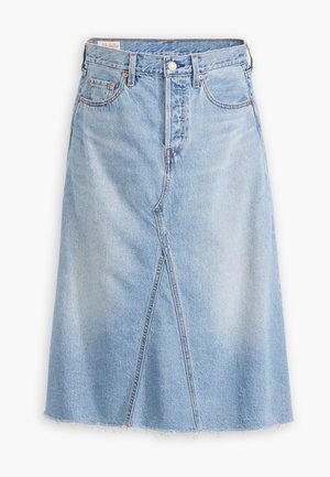 Gonna di denim azzurro chiaro con taglio dritto, dettaglio spacco anteriore, orlo sfrangiato, design a cinque tasche e accessori in metallo.