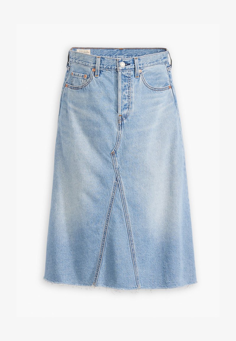 Fustă din denim bleu deschis, cu croială dreaptă, detaliu cu slit frontal, tiv franjurat, design cu cinci buzunare și accente din metal.