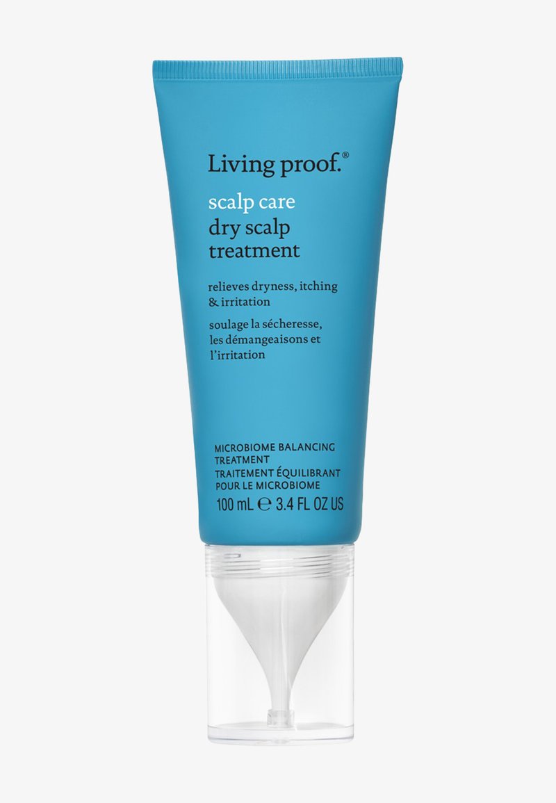 Blue Living proof tube for hodebunnpleie for behandling av tørr hodebunn, lindrer tørrhet, kløe, irritasjon, 100 ml, med klar applikatorspiss.