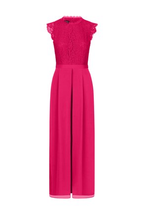 Sleeveless hot pink maxi dress with lace bodice, scalloped lace cap sleeves, fitted waist, and center front pleated skirt.