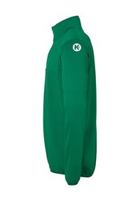 Groene fleece jas met een hoge kraag, zijzak met rits en logo op de linker mouw. Gemaakt van zachte, gestructureerde stof voor warmte.