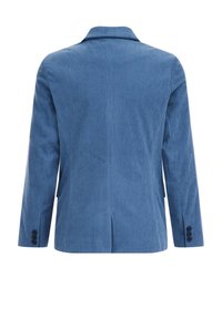 Modrý kordový blazer s klopovým límcem, dlouhými rukávy a knoflíkovými manžetami. Vertikální žebrovaná textura a rozparek na zadní straně.