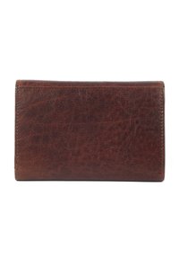 Brown leather wallet with a smooth, textured surface, rectangular shape, and visible stitching along the edges. No additional accents.