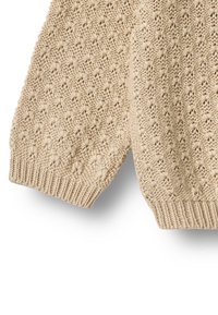 Pull en tricot beige avec un motif ajouré, un col rond et des poignets côtelés. Texture douce avec une coupe structurée.