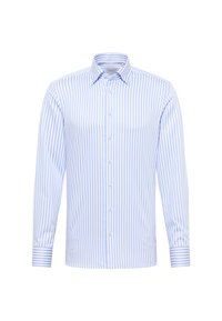 Heren langemouwen dress shirt met lichtblauwe en witte verticale strepen, knoopsluiting aan de voorkant en puntige kraag.