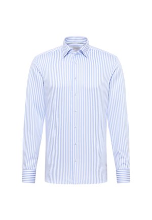 Herre langærmet skjorte med lyseblå og hvide lodrette striber, knaplukning foran og spids krave.