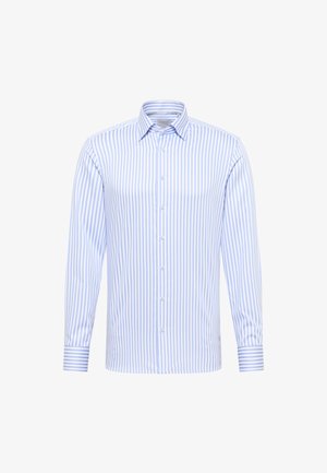 Heren langemouwen dress shirt met lichtblauwe en witte verticale strepen, knoopsluiting aan de voorkant en puntige kraag.
