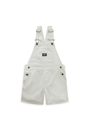Białe krótkie ogrodniczki z regulowanymi szelkami, przednią kieszenią na piersi z naszywką z logo Vans oraz zdobieniami w postaci guzików po bokach i na szelkach.